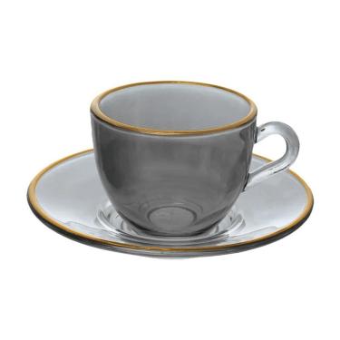 Imagem de Conjunto 4 Xícaras de Café com Pires Borda Dourada Linha Cristal Premium Transparente Preta 85ml JGXC091PT - Hauskraft
