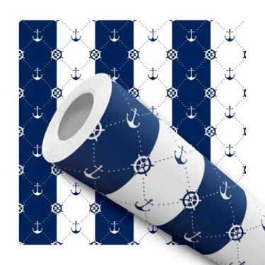 Imagem de Papel De Parede Vinílico Âncora Barco Listras Azul E Branco Quarto Inf