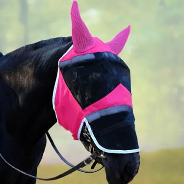Imagem de DayoVortex Máscaras de mosca para cavalos, máscara de mosca com orelhas e nariz longo proteção UV cavalo (rosa vermelha, pônei) pequena