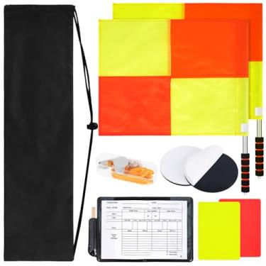 Imagem de BEAUTIFABLE Kit de 9 peças de árbitro de futebol, 2 peças de bandeira de árbitro de futebol, cartões amarelos vermelhos com caderno e lápis, apitos de aço inoxidável de treinador com cordão