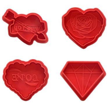 Imagem de Cortadores de biscoito de Dia dos Namorados, 4 peças, carimbos de biscoito de coração 3D, moldes de prensa de biscoitos, suprimentos de decoração para assar faça-você-mesmo, bolo, pastelaria, tema de