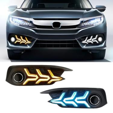 Imagem de Fancemot Luzes de neblina de LED brancas de circulação diurna (DRL) Luzes de seta âmbar luzes azuis de farol baixo compatíveis com Honda Civic Sedan 10ª geração 2016-2018