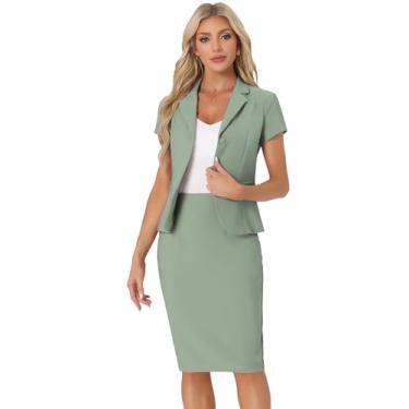 Imagem de Allegra K Conjunto de terno feminino para trabalho, escritório, manga curta, blazer e saia lápis, Verde marinho, PP