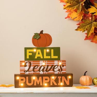 Imagem de glitzhome Placa de madeira com frases folhas de outono, abóbora, fazenda, colheita de outono, conjunto de blocos de madeira com luzes de LED, 30 x 20 cm, decoração de bloco de madeira, decoração de colheita de outono