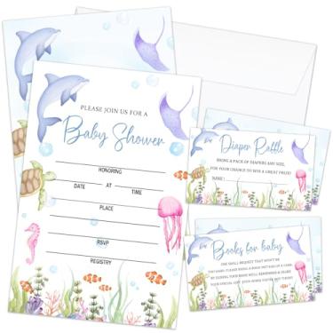 Imagem de Convites de chá de bebê oceano para meninos e meninas, convites de chá de bebê sob o mar com envelopes, conjunto de 25 cartões de convites de revelação de gênero com envelopes e cartões de solicitação