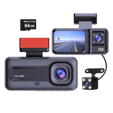 Imagem de Câmera de painel de 3 canais para carros, câmera frontal interna e traseira HD 1080p DVR de carro, visão noturna infravermelha, gravador de vídeo de 5 polegadas, caixa preta 【Cartão de 64 GB incluído】