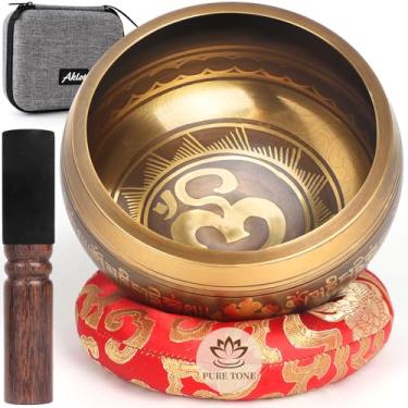 Imagem de AKLOT Tigela de canto tibetana, tigela de som de meditação de 12 cm feita à mão no Nepal para ioga, cura de chakras, atenção plena e alívio do estresse com estojo de transporte de martelo de almofada