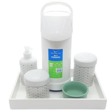 Imagem de Kit higiene Poá 6 peças Porcelana - Molh. Verde - Bandeja Branca - Gen