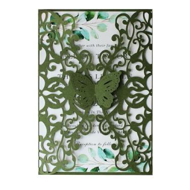 Imagem de KUCHYNEE Kit de 50 peças de convites de quinze anos de corte a laser verde-oliva verde-oliva, 13 x 19 cm, convites de bolso borboleta floral vazada para convites de casamento de 15 anos (em branco)