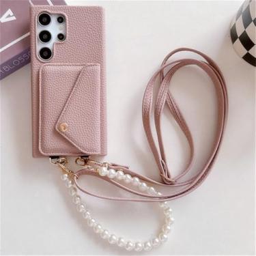 Imagem de Bolsa de couro para cartão para Samsung S23 S24 Plus Ultra S23FE Zflip 4 5 A35 A55 capa à prova de choque pulseira de pérola cordão, rosa escuro, para A13 5G