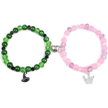 Imagem de Vurotry Pulseiras combinando amizade para amigos BFF Elphaba Galinda Wicked pulseiras coroa strass chapéu de bruxa pulseiras compatíveis com contas verdes rosa colar combinando coração casal joias