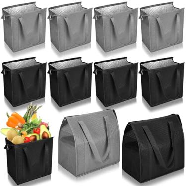 Imagem de Locmeo 10 sacos de compras isolados para mantimentos grandes reutilizáveis sacos térmicos com zíper superior para entrega de comida quente e fria pizza na geladeira (cinza, preto)