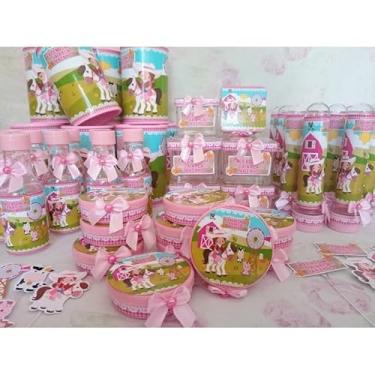 Imagem de kit festa fazendinha rosa - 50 itens - 10 tubetes, 10 latinhas, 10 caixas acrílicas, 10 garrafinhas e 10 cofrinhos