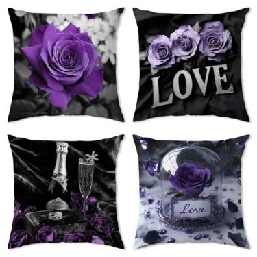 Imagem de Capas de almofada rosa roxa 45,7 x 45,7 cm, conjunto de 4 capas de almofada de veludo floral, cinza, roxo, taça de vinho, luxuosa, de veludo, para cama, sofá, sala de estar, quarto, decoração de casa