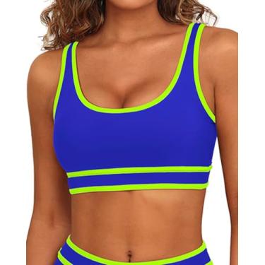 Imagem de Tempt Me Sutiã esportivo feminino, top de biquíni color block, top com gola redonda, top cropped atlético para meninas adolescentes, Azul e verde neon, GG