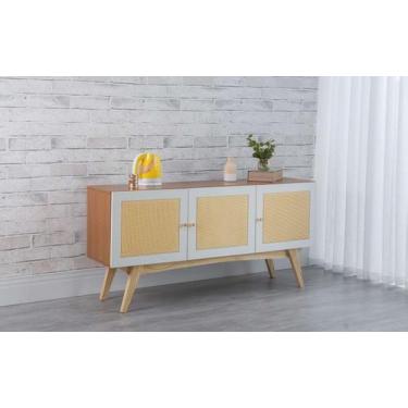 Imagem de Balcão Buffet Para Sala De Jantar Mdf Freijó Pés Taeda 3 Portas Branca