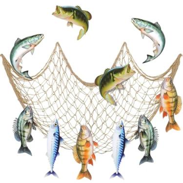 Imagem de Silipull Kit de decoração de festa Gone Fishing com 11 peças, rede de pesca, fofo, cartolina, adereço de foto para aniversário, animal marinho, interior, exterior, sobremesa, mesa, suprimentos de