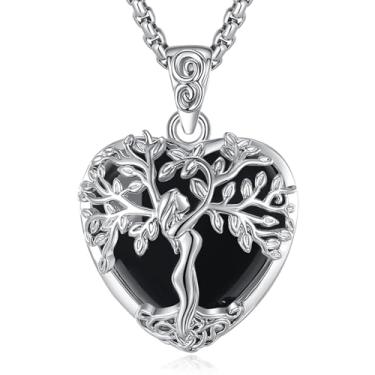 Imagem de EUDORA Colar de obsidiana de coração árvore da vida para mulheres cobre banhado a prata, pingente de árvore mãe deusa, joias de cristal, presentes de meditação de ioga para mulheres, mães, mãe, esposa
