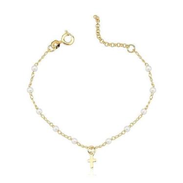 Imagem de Pulseira Terço Infantil com Pérolas e Cruz Folheada a Ouro 18k - Maise