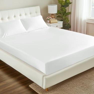 Imagem de Love's cabin Lençol solteiro de cetim – Lençol de cetim branco sedoso com bolso profundo, sensação de seda macia e sem desbotamento, lençol com elástico