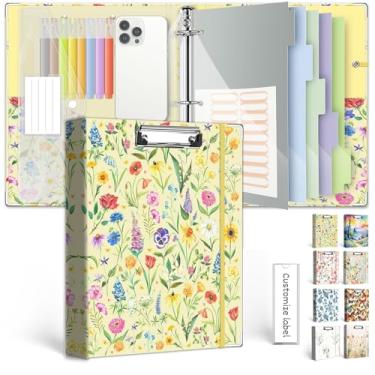 Imagem de Fichário com 3 anéis de 2,5 cm, organizador de fichário de três anéis com prancheta, divisórias de 5 compartimentos, pasta de plástico, 18 divisórias stikers, fichário fofo KLLVE com alça para caneta