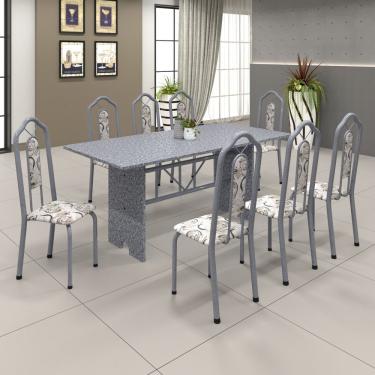 Imagem de Conjunto De Mesa 180X75Cm Tampo Granito Com 8 Cadeiras Bianca Soma Móveis Martelado Pérola/Ocre/Arabesco