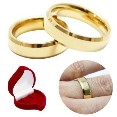 Imagem de Par Aliança Ouro 18k Banhada Chanfrada 6mm Aço Inoxidável Tamanho:30-31