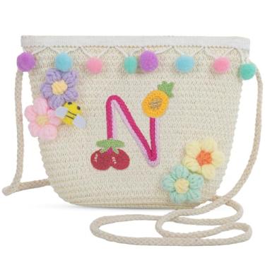 Imagem de Sacola feminina de praia de verão de palha pequena com letras 2025, bolsa de praia de palha de tecido para mulheres 2025 (N, branca), Branco