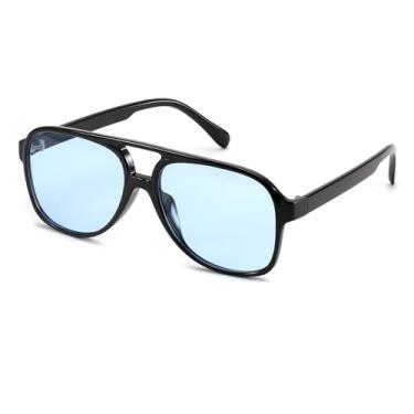 Imagem de FEISEDY Óculos de sol aviador de plástico retrô vintage anos 70 para mulheres e homens, armação quadrada grande clássica B2751, Armação preta - lente azul, 60MM