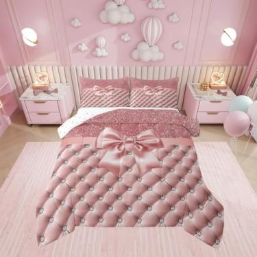 Imagem de Erosebridal Conjunto de cama casal com laço e laço feminino, com glitter, geométrico, diamante, para crianças, meninos, adolescentes, conjunto de edredom estilo princesa sonhadora, 3 peças com 2