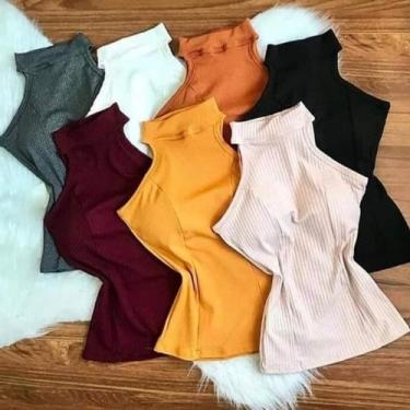Imagem de Blusa feminina malha canelada gola alta manga cavada com bojo - moda f