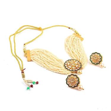 Imagem de Jewar Conjunto de colar de contas de gargantilha de pérola Ad Cz Joias para mulheres e meninas, Medium, Banhado a ouro, Pérola