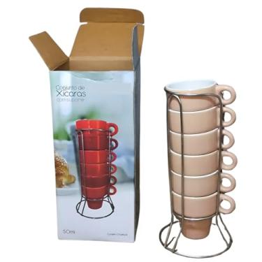 Imagem de Conjunto de 6 Xícaras para Café em Cerâmica, 50ml, Vermelho com Suporte Cromado Empilhável, 5,5 x 6,5 cm (laranja)