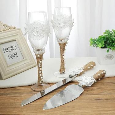 Imagem de Conjunto De Servidor De Bolo E Flautas De Brinde De 4 Peças - 2 Taças De Champanhe Para Brindar, 1 Servidor De Torta E 1 Faca De Corte, Presentes Para Noiva E Noivo, A