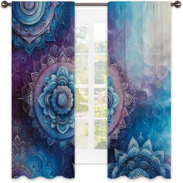 Imagem de Cortina blecaute roxa com bolso para varão, mandala mística flutuando na lagoa escura, cortina colorida para sala de estar, L 130 x C 150 cm, azul-celeste profundo violeta
