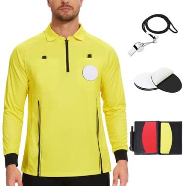 Imagem de Kit de camisa de árbitro de futebol de manga comprida Pro Ref Costume Uniforme de árbitro com 3 peças de substituição adesivo redondo de 7,6 cm suporte de crachá, carteira de árbitro com cartão