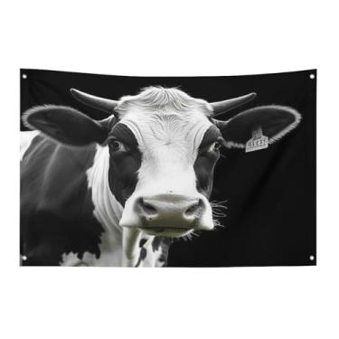 Imagem de Bandeira com quatro furos bandeiras para todos os climas animal engraçado cabeça de vaca impressa bandeira decorativa bandeiras de poliéster adequadas para uso interno e externo 89 x 159 polegadas