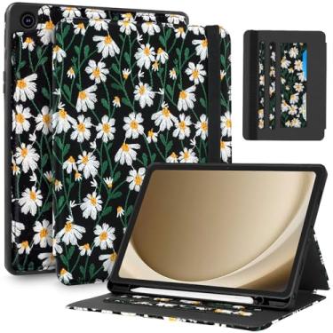 Imagem de Uppuppy Capa para Samsung Galaxy Tab A9 Plus de 28 cm – Capa feminina bordada com suporte para lápis e compartimento para cartão, capa estética feminina com design floral margarida preta para Samsung