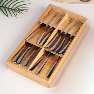 Imagem de Organizador de gavetas para talheres de bambu, suporte para bandejas de utensílios de cozinha, organizador para talheres, colheres e facas (6 compartimentos)