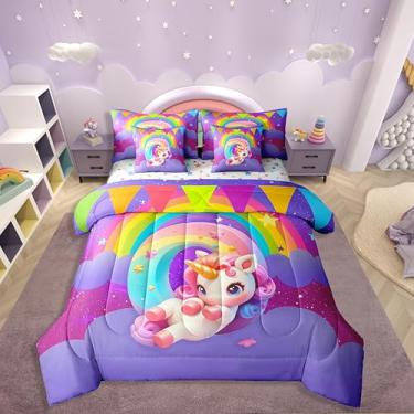 Imagem de Erosebridal Jogo de cama solteiro com letra O com letra O, 7 peças, para meninas, unicórnio, personalizado, monograma, para crianças, meninos, meninas, fantasia e céu estrelado