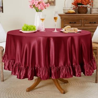 Imagem de Entisn Toalha de mesa redonda com babados de 177 cm, capa de mesa de cetim bordô inclui acabamento de 12 cm para mesa de 50 a 122 cm, lavável e resistente a amassados, decoração sedosa para banquete
