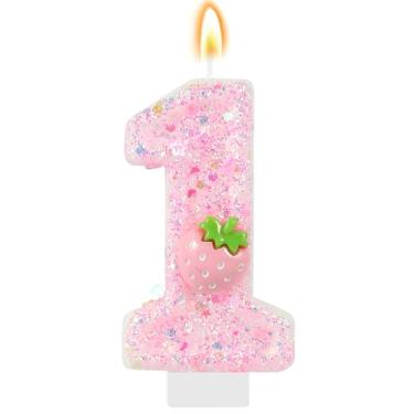 Imagem de IDIJOLI Vela rosa número 1 de morango, aniversário, enfeite de bolo de 1º aniversário, decorações de cupcake para meninas e mulheres, decoração de festa de morango, comemorações, suprimentos