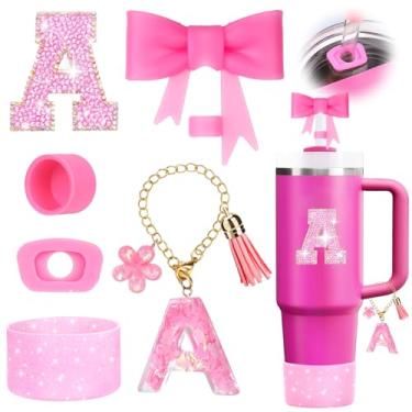 Imagem de Mity rain 6 peças de acessórios de copo rosa para copo Stanley 850 g 1,134 g - decoração de iniciais de copo para Stanley letra A