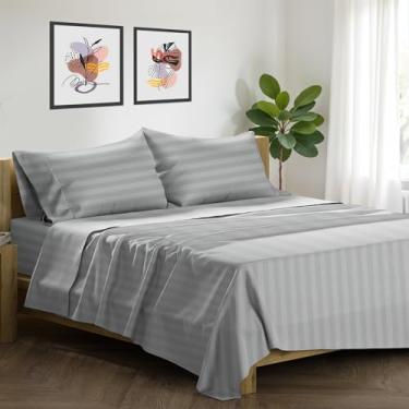 Imagem de XOOX Linen Lençóis Queen Size 100% algodão egípcio - 1500 fios damasco 4 peças conjunto de lençóis Queen algodão egípcio, lençóis luxuosos de cetim, lençol de alta contagem de fios, bolso profundo de