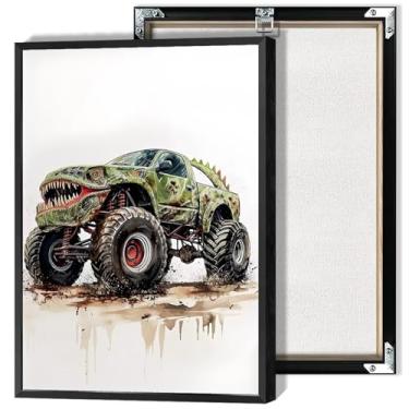 Imagem de Arte de parede em tela de veículo off-road com pôsteres de caminhão monstro engraçado aquarela dinossauro carro impressão estética pintura para quarto de meninos sala de jogos quarto decoração de