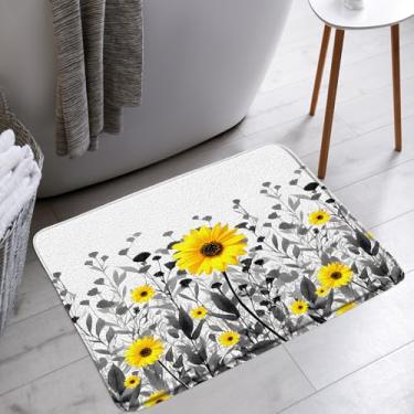 Imagem de AYDSMYD Tapete de banho de flor amarela rústico girassol floral botânico folhas cinza natural elegante estética casa de banho casa de banho tapetes de chão tapete decoração de vaso sanitário, 45,7 x