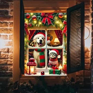 Imagem de BlissYard Capa de janela de Natal faixa de porta de inverno com chapéu de Papai Noel, cachorro e gato, olhando para fora do quarto de férias aconchegante 78,7 x 119,4 cm, luzes e presentes cena