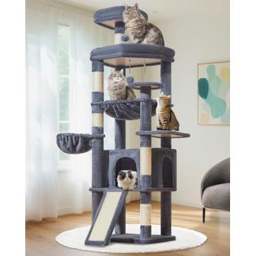Imagem de Taoqimiao Árvore de gato de 182 cm para gatos grandes, torre alta de vários níveis, condomínio para gatos alargado com grande quadro de arranhões, 5 postes para arranhar, rede de metal, cesta