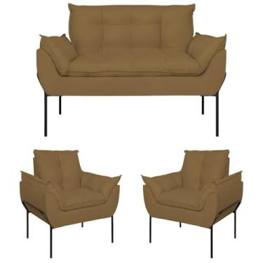 Imagem de Kit 02 Poltronas + Namoradeira Pé Metal Preto Recepção Sala Cor:capuccino