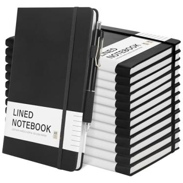 Imagem de Aodaer Conjunto de 12 cadernos forrados com canetas, cadernos A5, 100 g/m², capa dura, pautado, bloco de notas de couro PU com suporte de caneta para escritório, 14 x 21 cm, preto